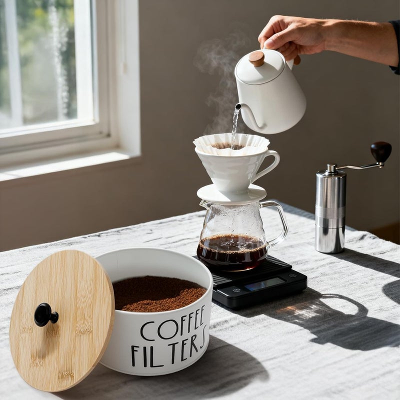 Acshio Coffee Filter Holder with Lid, Metal Round Coffee Filters Storage Container, White Large Coffees Pod Organizer Basket Coffees Bar Decor Accessories for Counter, Farmhouse - Image 5